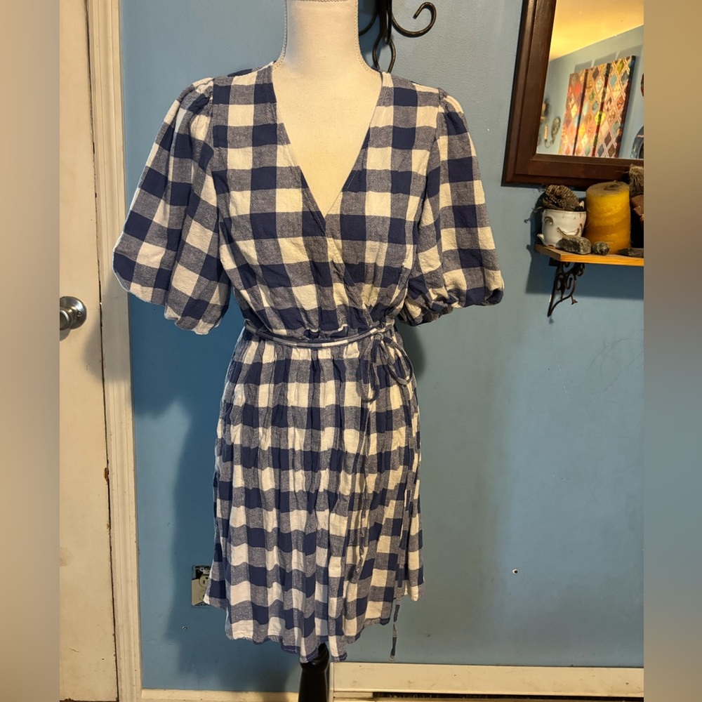 Old Navy, Blue & White, Plaid, Linen Blend, Wrap Dress